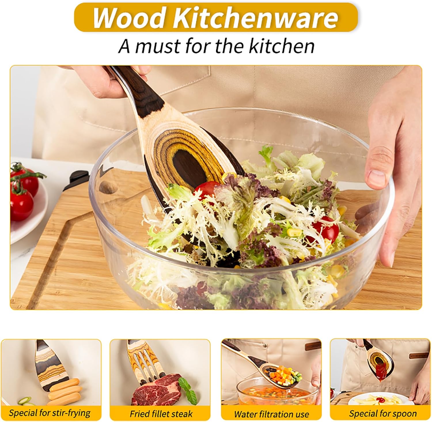 7-Piece Pakkawood Wooden Cooking Utensil Set – Brown Eco-Friendly Kitchen Spoons & Tools for Home Cooking