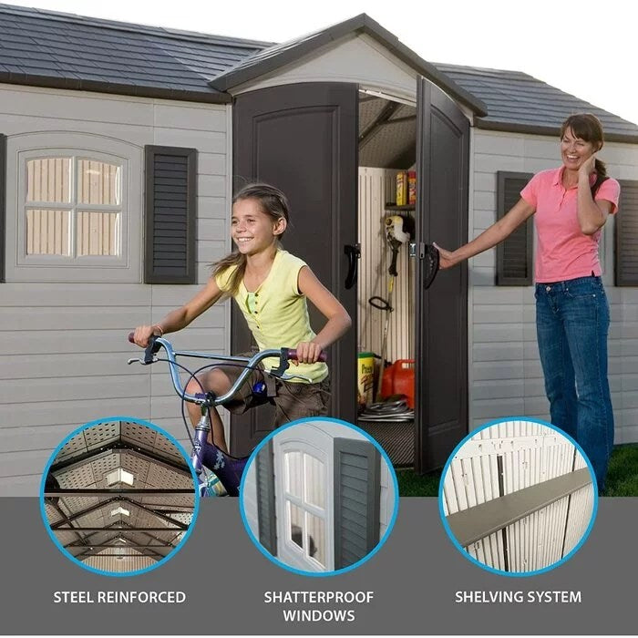 Side entry 15 ft. W x 8 ft. D plastic storage shed with assembly